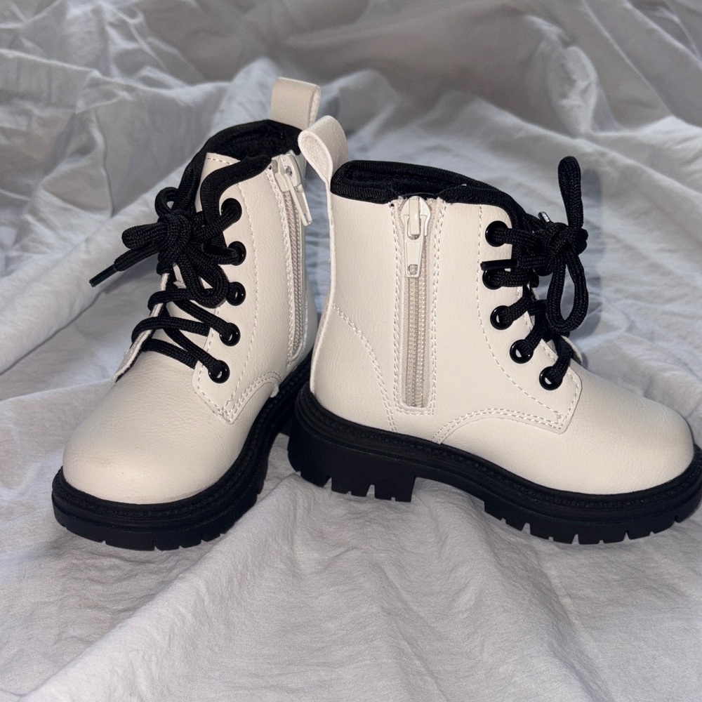 Kids White Combat Boots with Black Laces and Sole